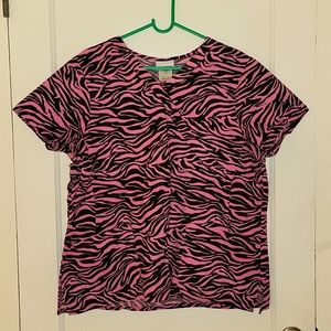 Women's Size Large Pink and Black Zebra Striped Scrub Top
